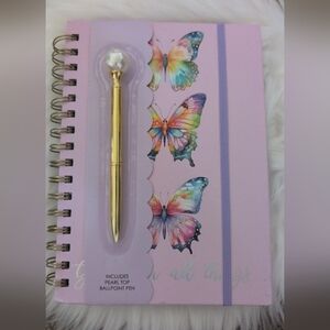 Pink Butterfly "God Is In All Things" Journal w/ Pearl Ball Point Pen & Stickers